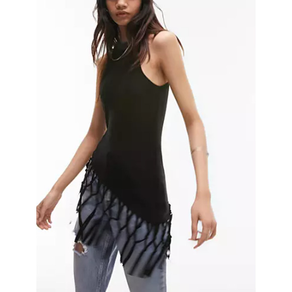 TOPSHOP NORDSTROM ~ Macrame Style Fringe Tank Top 4/6 BoHo Concert S - Picture 1 of 8